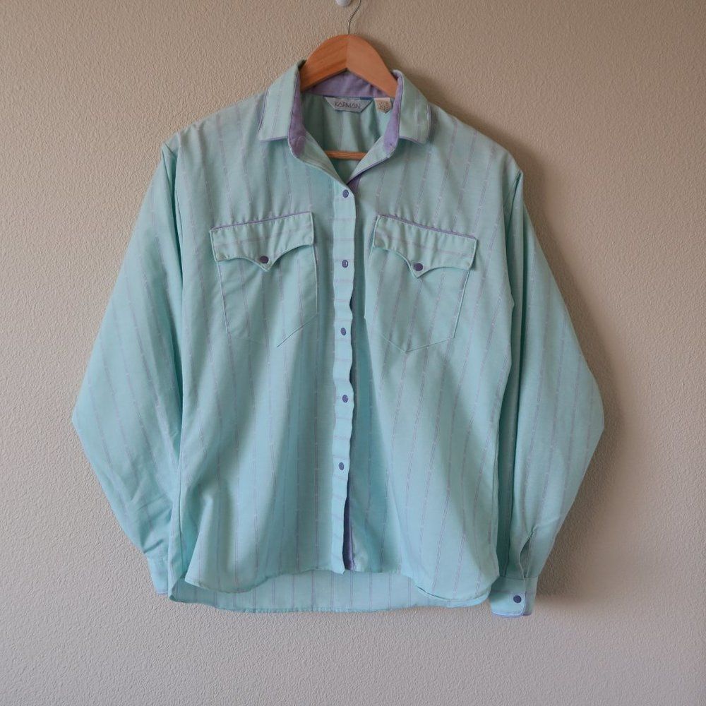 Vintage KARMAN Western Shirt Sz 32 Mint Green Purple Stripes Snap Button Down